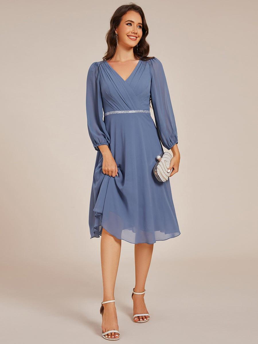 V-neck Long Sleeve Pleated Chiffon Midi Wedding Guest Dress #color_Dusty Blue
