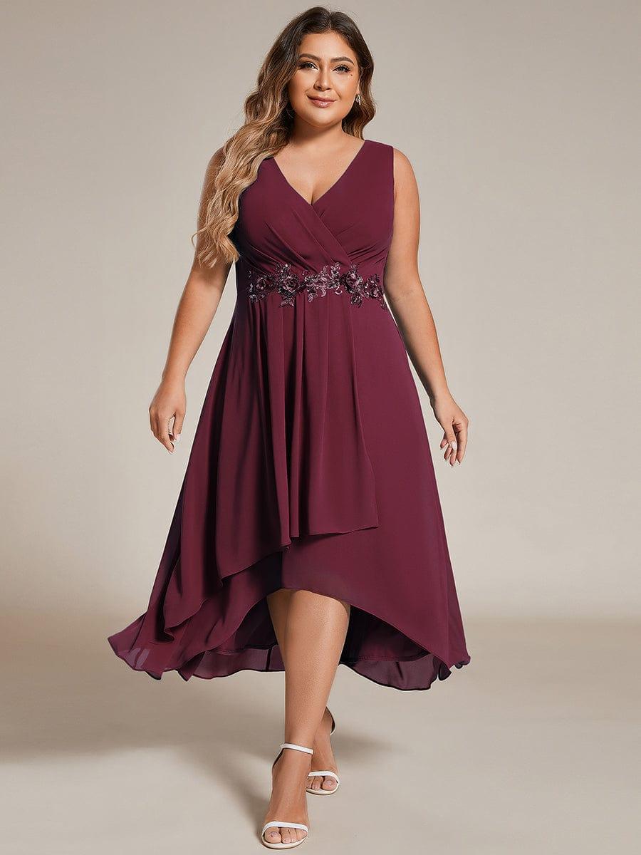 Plus Size Sleeveless Chiffon High-Low Wedding Guest Dress with Waist Applique #color_Burgundy