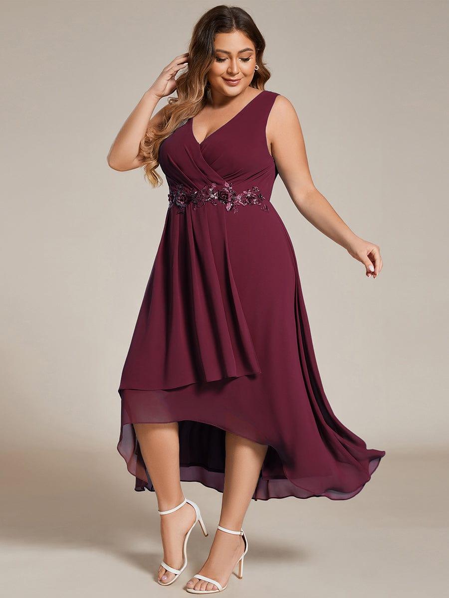 Plus Size Sleeveless Chiffon High-Low Wedding Guest Dress with Waist Applique #color_Burgundy