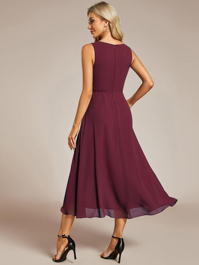 Sleeveless Chiffon High-Low Wedding Guest Dress with Waist Applique #color_Burgundy