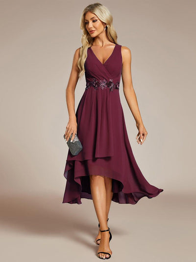 Sleeveless Chiffon High-Low Wedding Guest Dress with Waist Applique #color_Burgundy