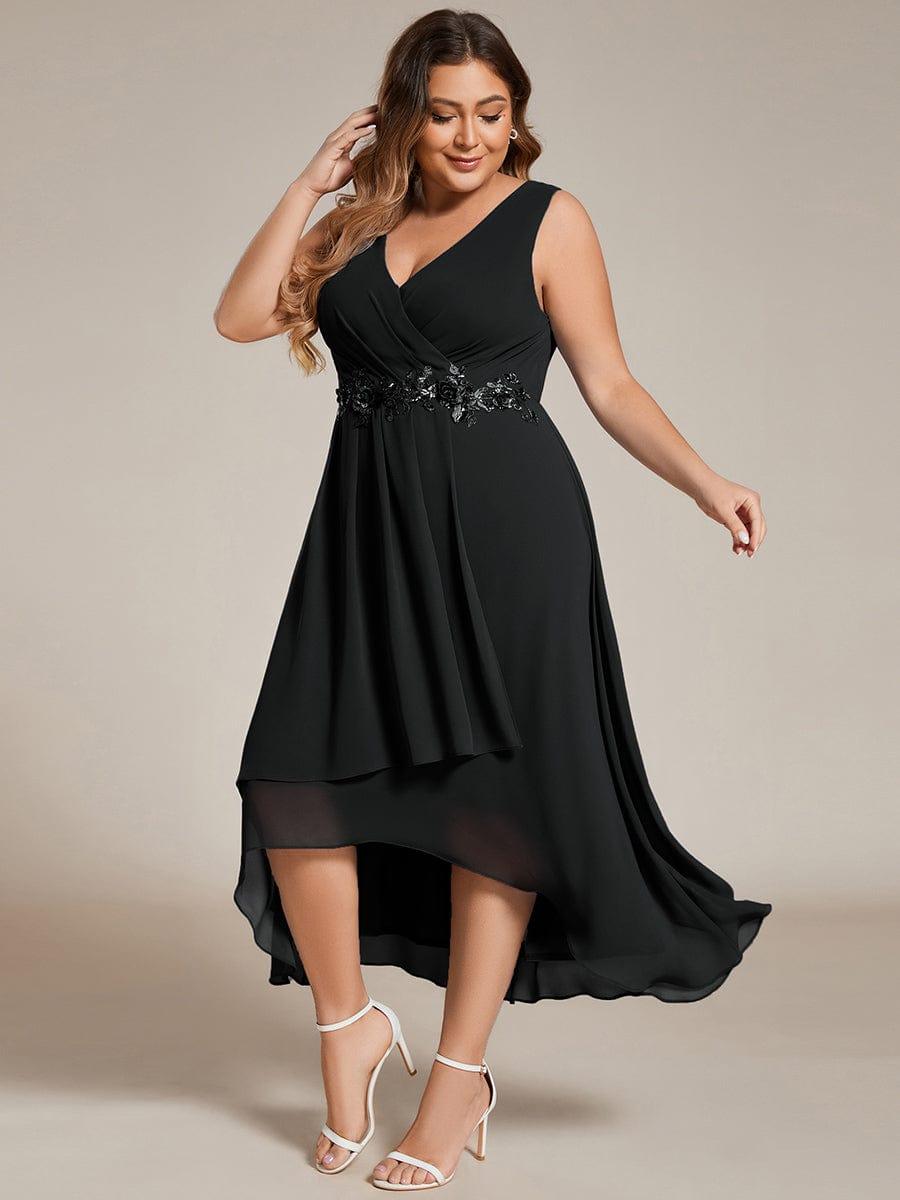 Plus Size Sleeveless Chiffon High-Low Wedding Guest Dress with Waist Applique #color_Black