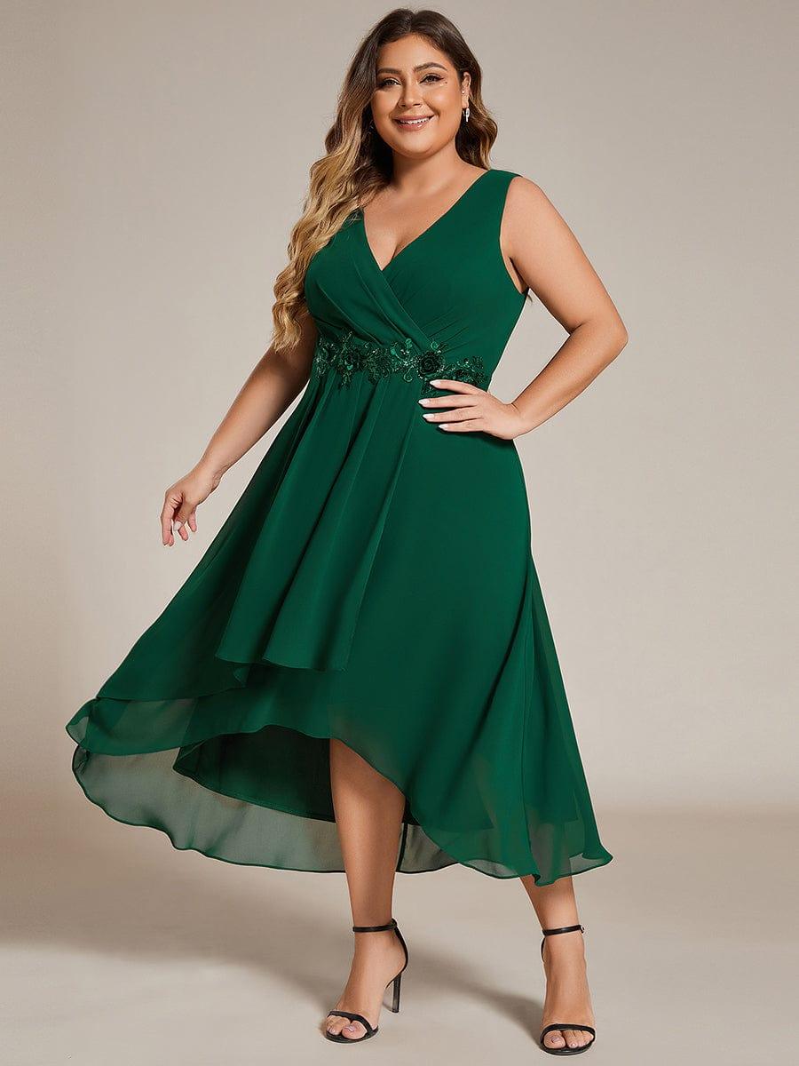 Plus Size Sleeveless Chiffon High-Low Wedding Guest Dress with Waist Applique #color_Dark Green