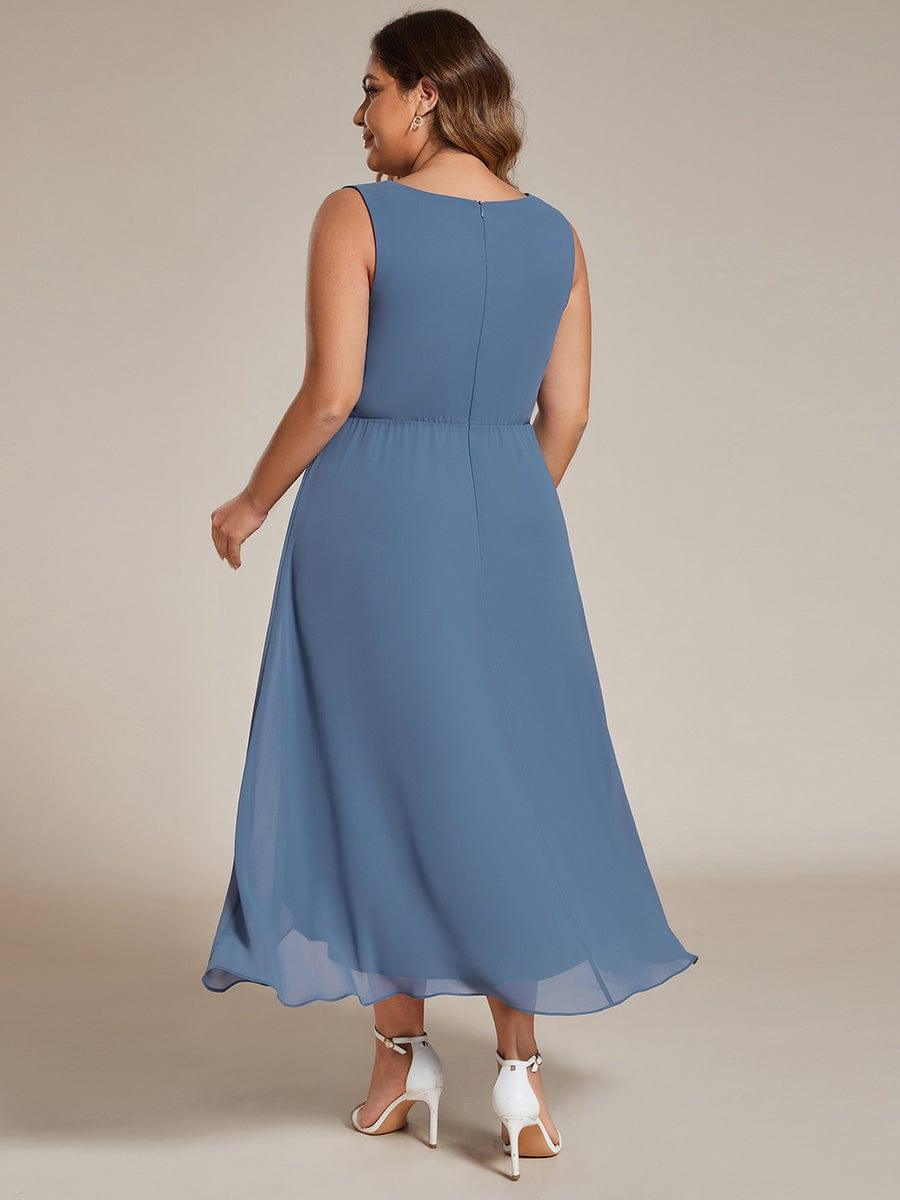 Plus Size Sleeveless Chiffon High-Low Wedding Guest Dress with Waist Applique #color_Dusty Blue