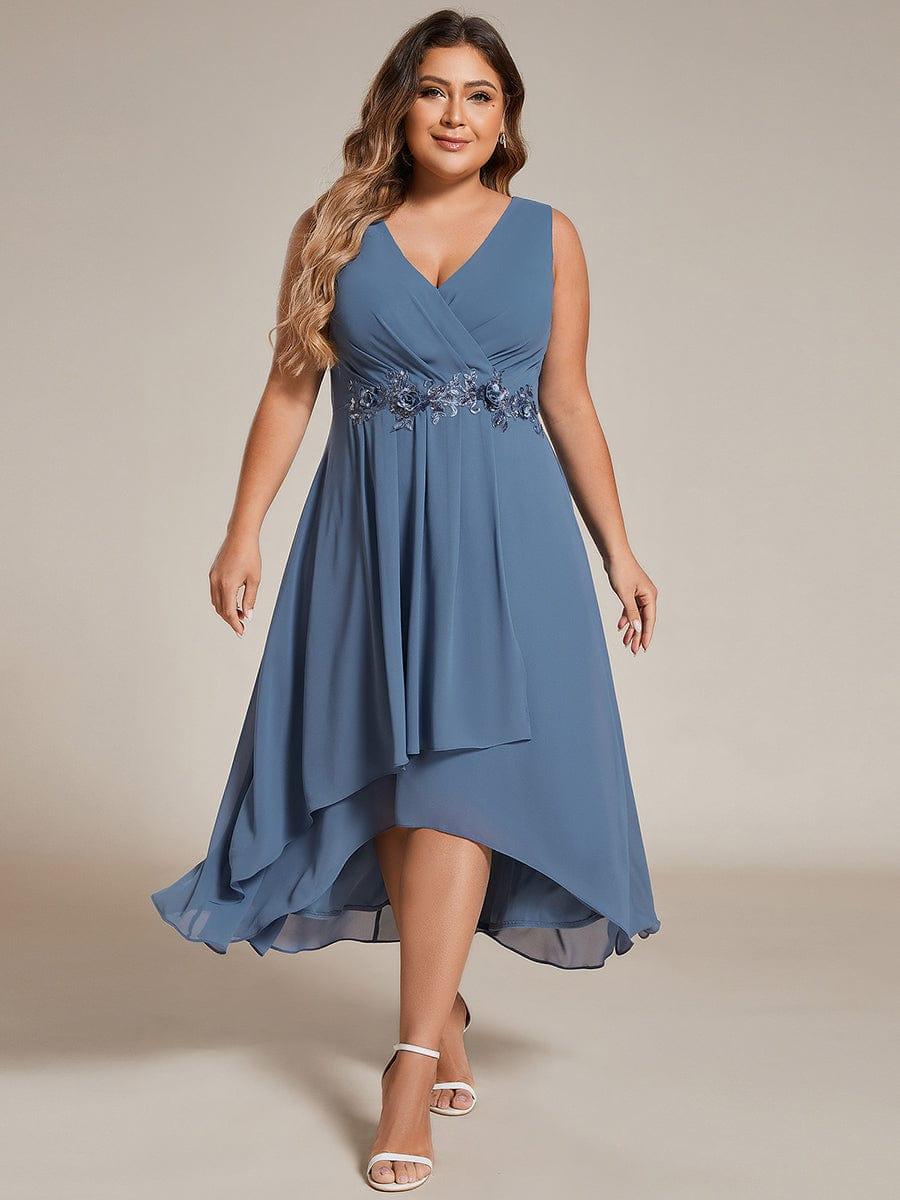Plus Size Sleeveless Chiffon High-Low Wedding Guest Dress with Waist Applique #color_Dusty Blue