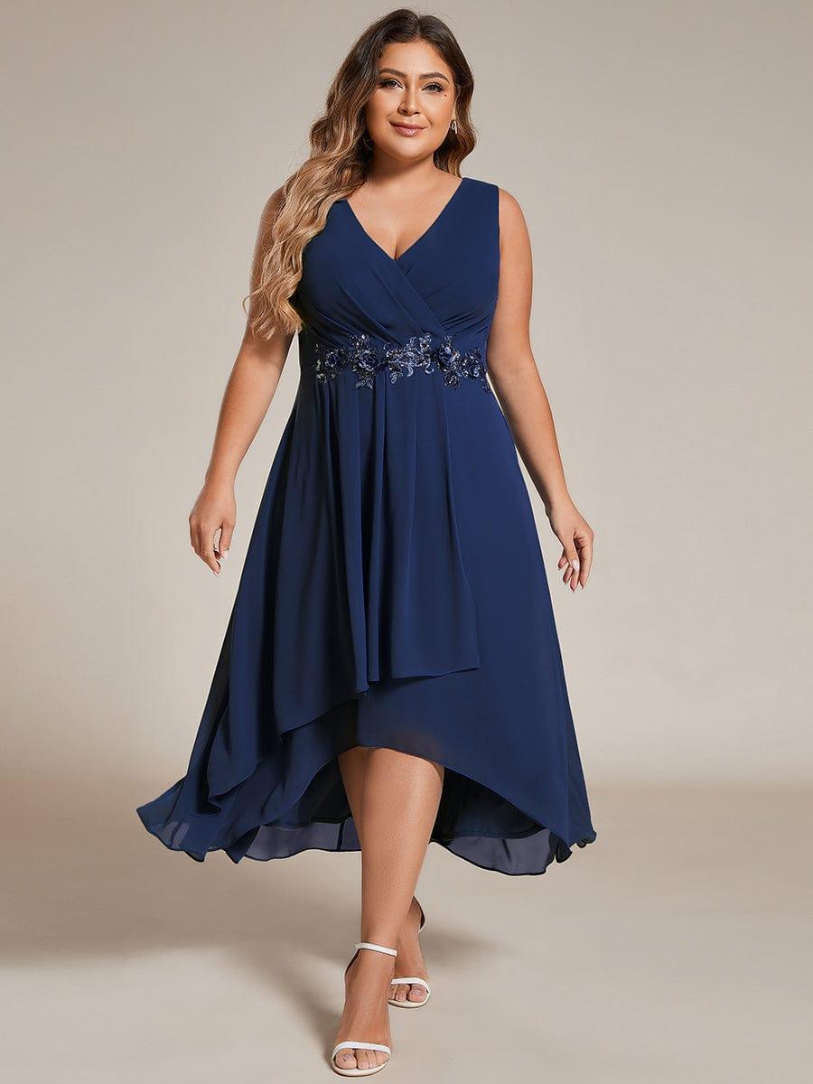 Plus Size Sleeveless Chiffon High-Low Wedding Guest Dress with Waist Applique #color_Navy Blue