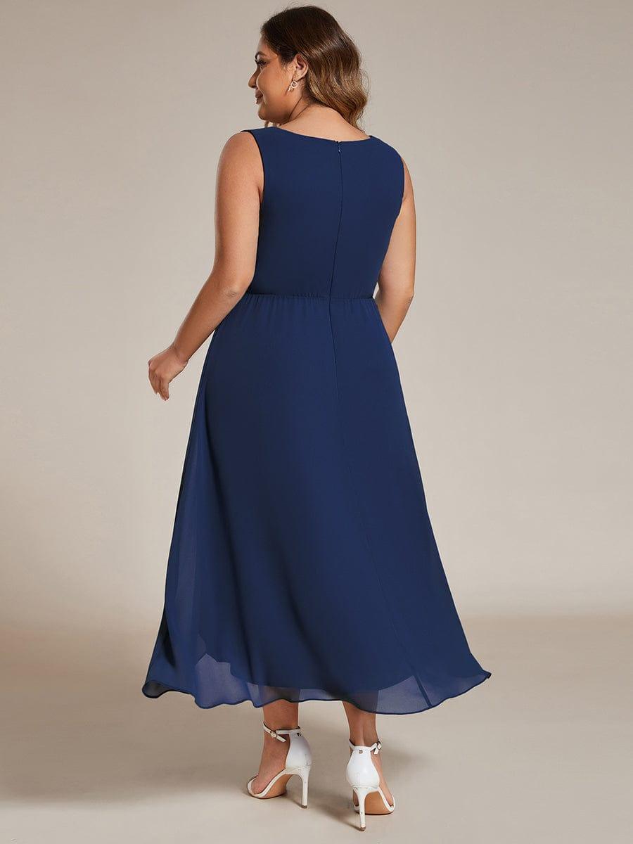 Plus Size Sleeveless Chiffon High-Low Wedding Guest Dress with Waist Applique #color_Navy Blue