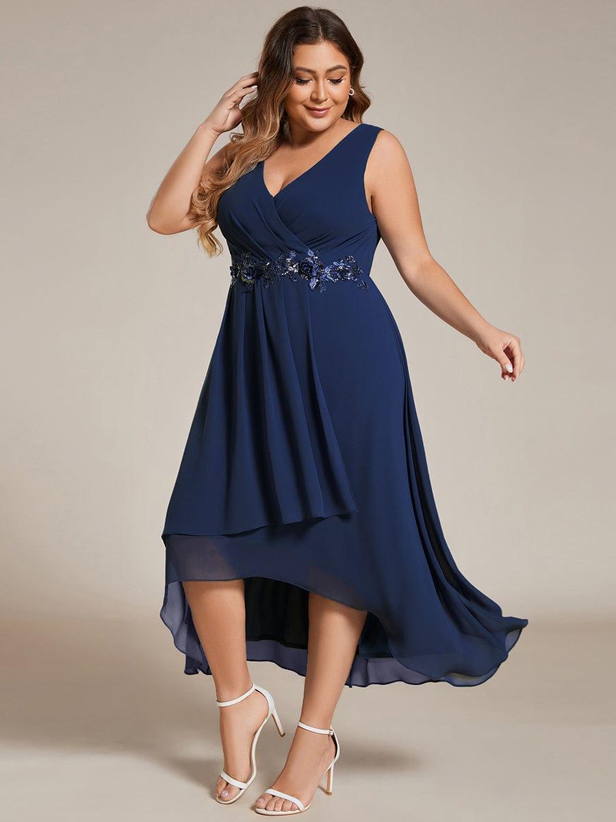 Plus Size Sleeveless Chiffon High-Low Wedding Guest Dress with Waist Applique #color_Navy Blue