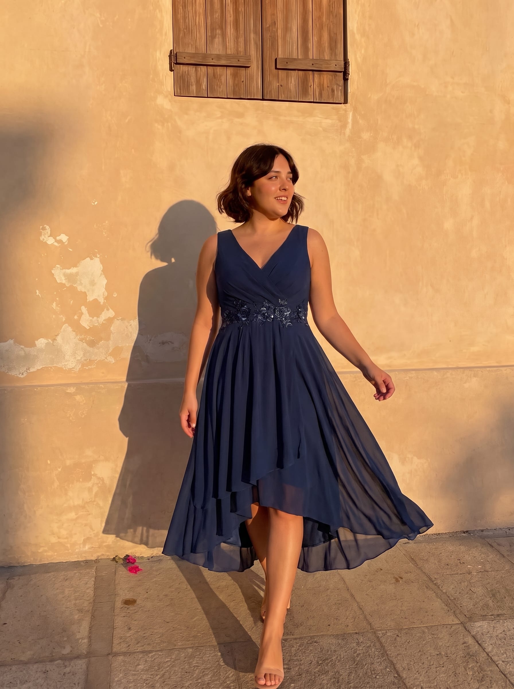 Sleeveless Chiffon High-Low Wedding Guest Dress with Waist Applique #color_Navy Blue