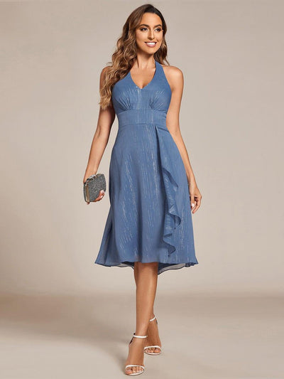Sparkle Halter Bow Sleeveless Backless Wedding Guest Dress with V-Neck #color_Dusty Blue