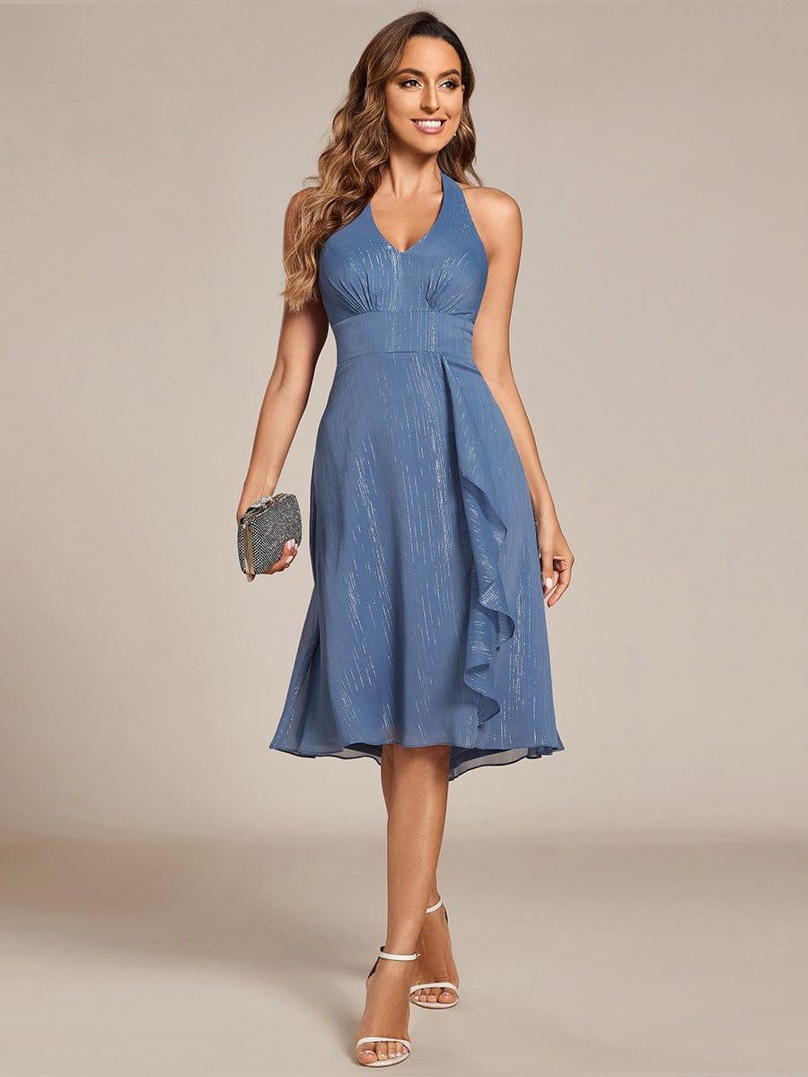 Sparkle Halter Bow Sleeveless Backless Wedding Guest Dress with V-Neck #color_Dusty Blue