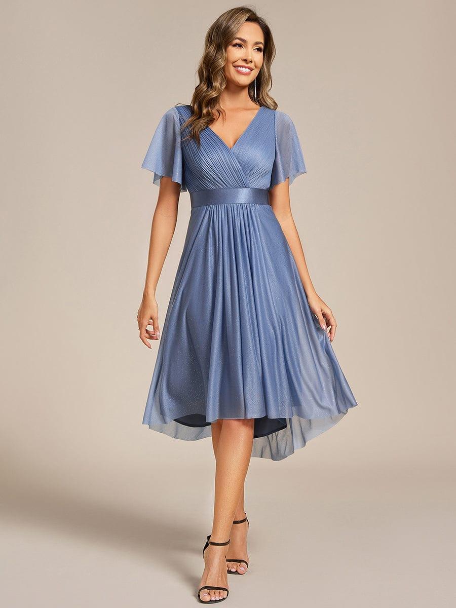 Glitter Pleated Midi Wedding Guest Dress with Asymmetrical Hem
