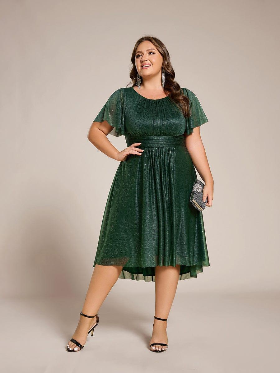 Glitter Round Neck Midi Evening Dress #color_Dark Green