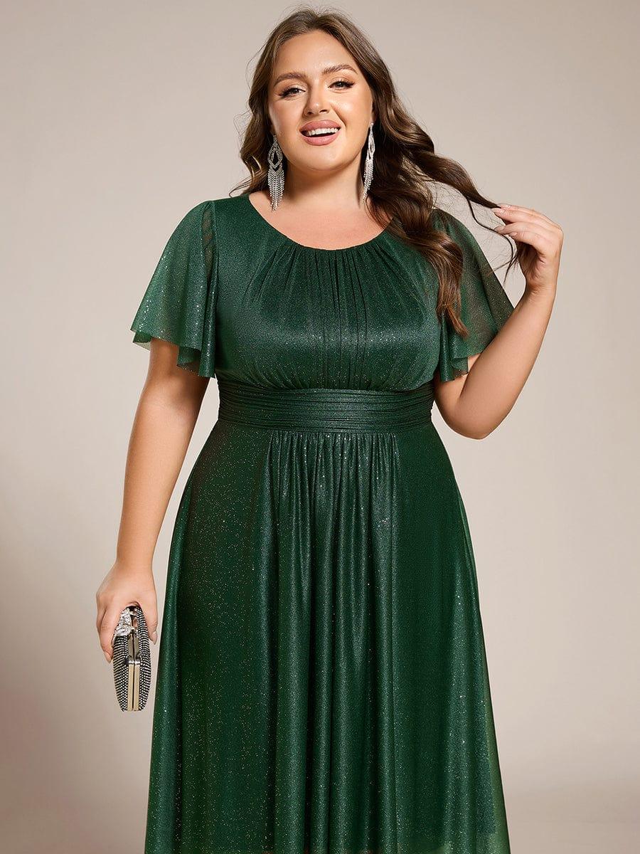 Glitter Round Neck Midi Evening Dress #color_Dark Green