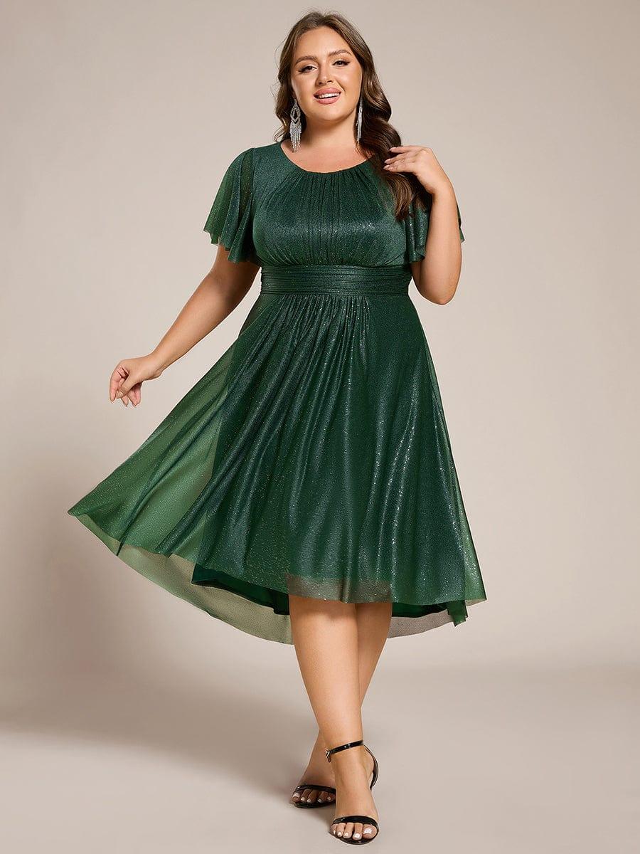 Glitter Round Neck Midi Evening Dress #color_Dark Green