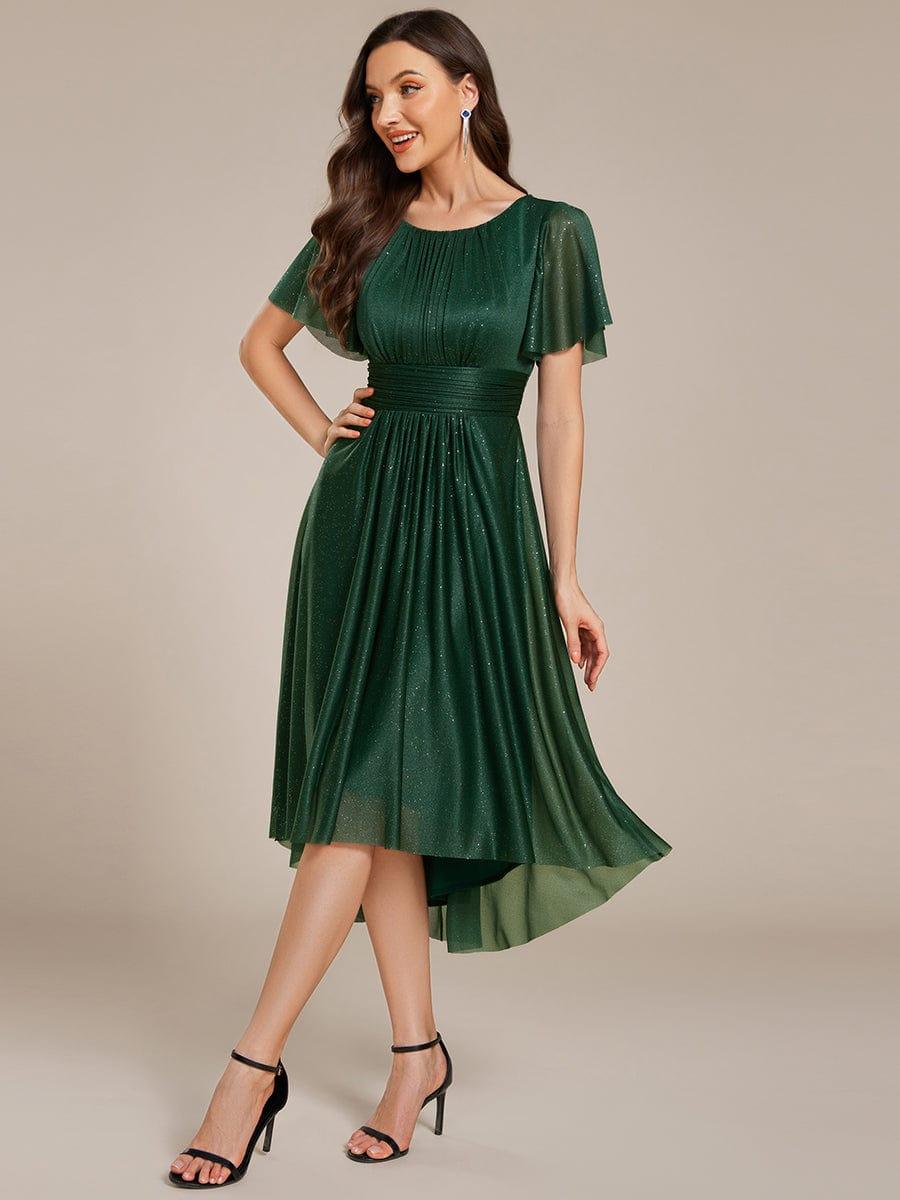 Glitter Round Neck Midi Evening Dress #color_Dark Green