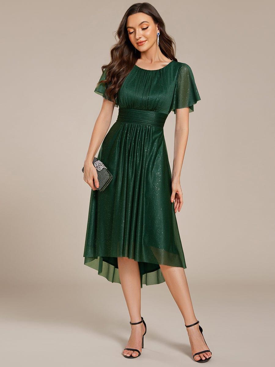 Glitter Round Neck Midi Evening Dress #color_Dark Green