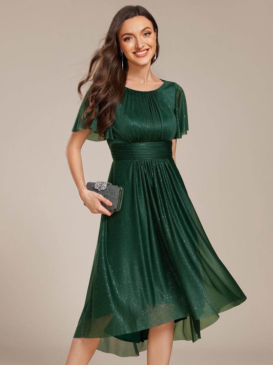 Glitter Round Neck Midi Evening Dress #color_Dark Green