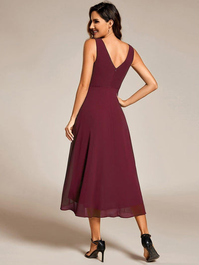 Elegant V-Neck Sleeveless Pleated High-Low Chiffon Wedding Guest Dress #color_Burgundy