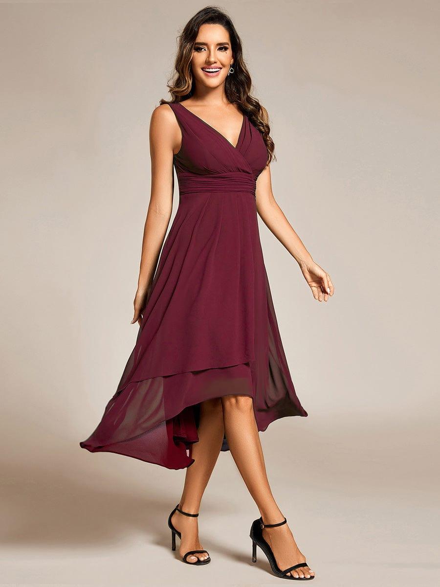 Elegant V-Neck Sleeveless Pleated High-Low Chiffon Wedding Guest Dress #color_Burgundy