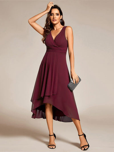 Elegant V-Neck Sleeveless Pleated High-Low Chiffon Wedding Guest Dress #color_Burgundy