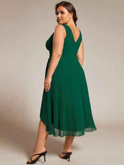 Elegant V-Neck Sleeveless Pleated High-Low Chiffon Wedding Guest Dress #color_Dark Green