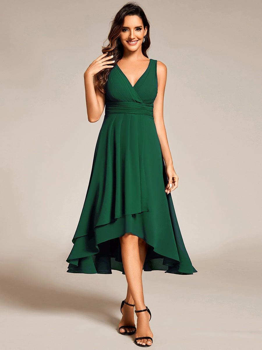 Elegant V-Neck Sleeveless Pleated High-Low Chiffon Wedding Guest Dress #color_Dark Green