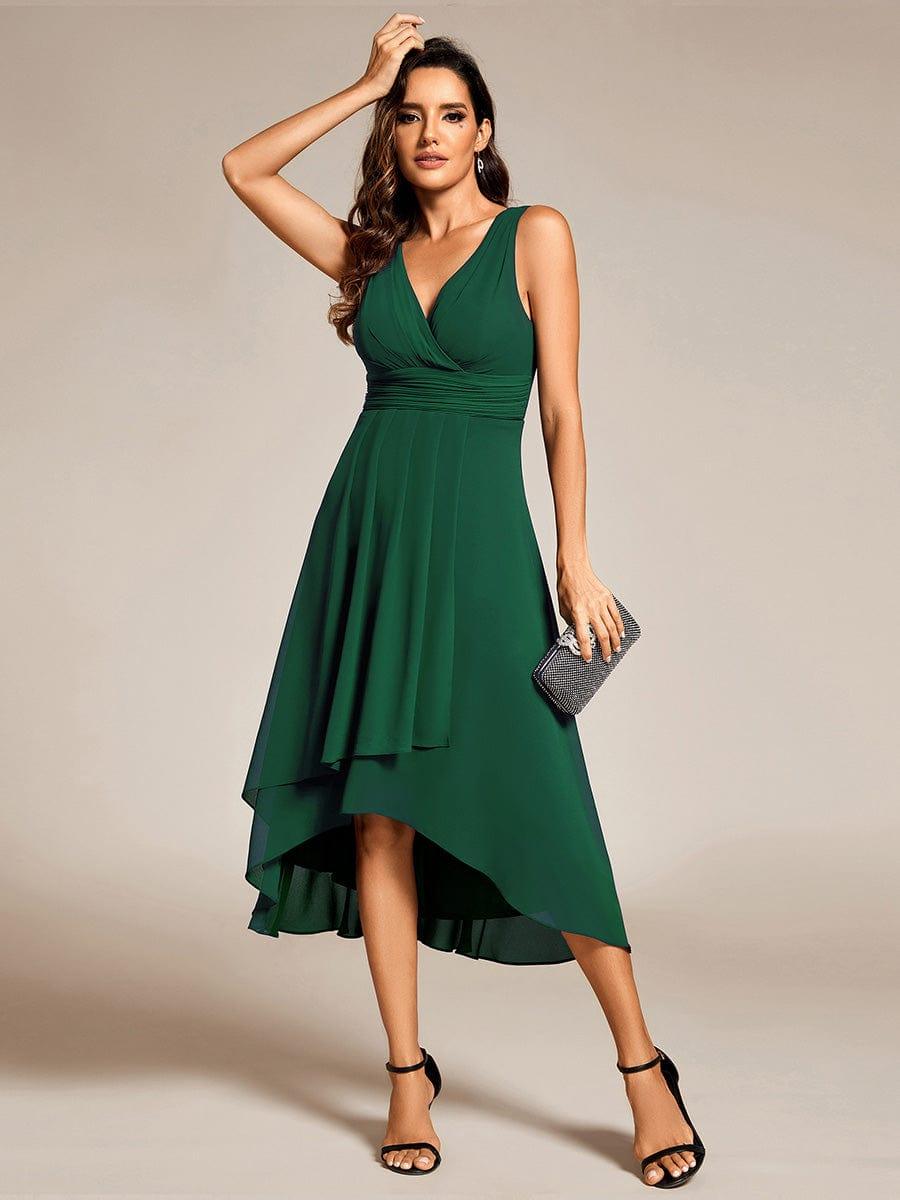 Elegant V-Neck Sleeveless Pleated High-Low Chiffon Wedding Guest Dress #color_Dark Green