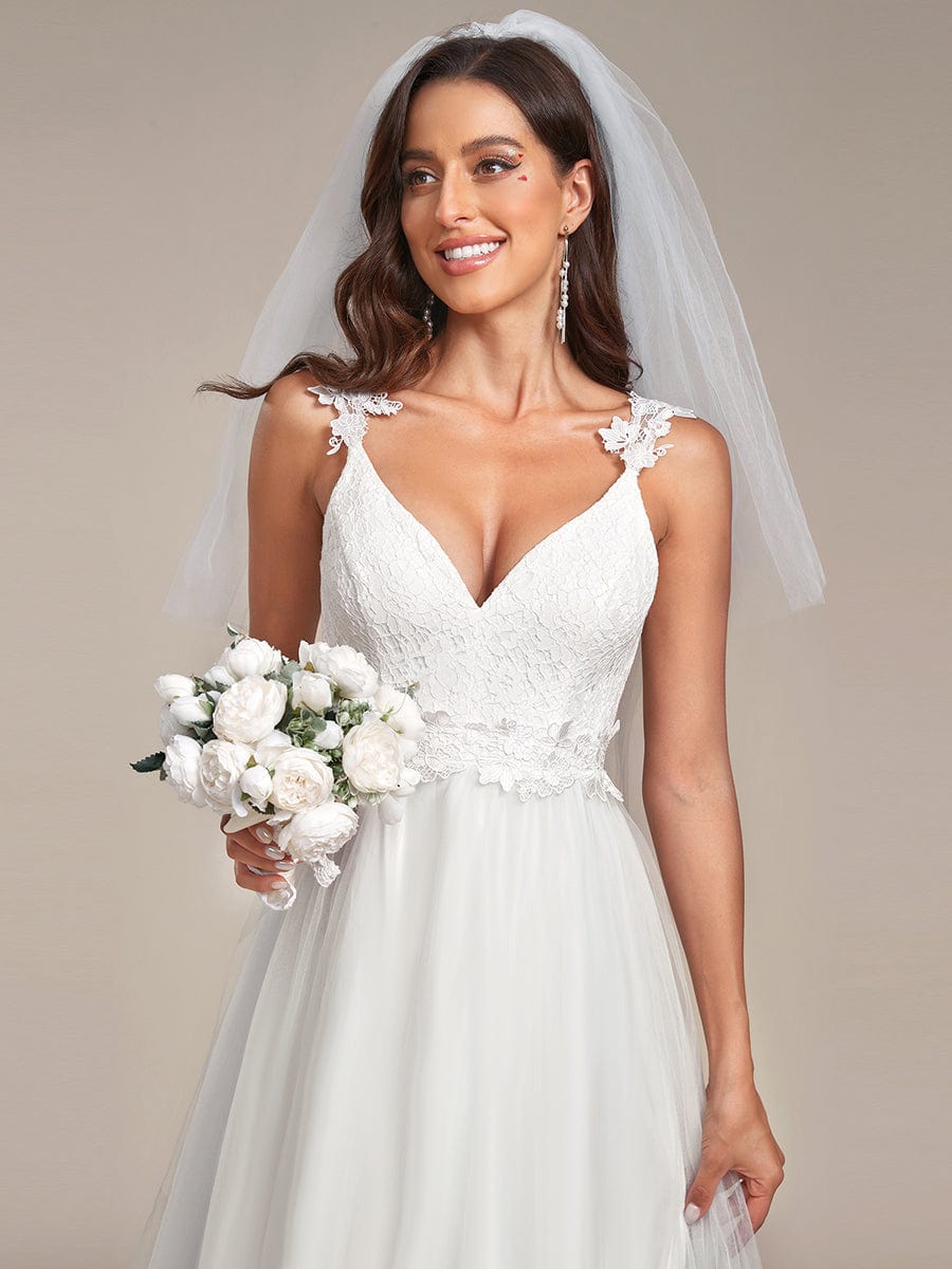 Custom Size Double V Neck Lace Bodice Floor Length A-Line Wedding Dress #color_Cream Custom Size Double V Neck Lace Bodice Floor Length Tulle Wedding Dress