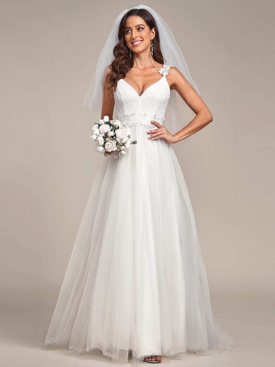 Double V Neck Lace Bodice Floor Length Tulle Wedding Dress