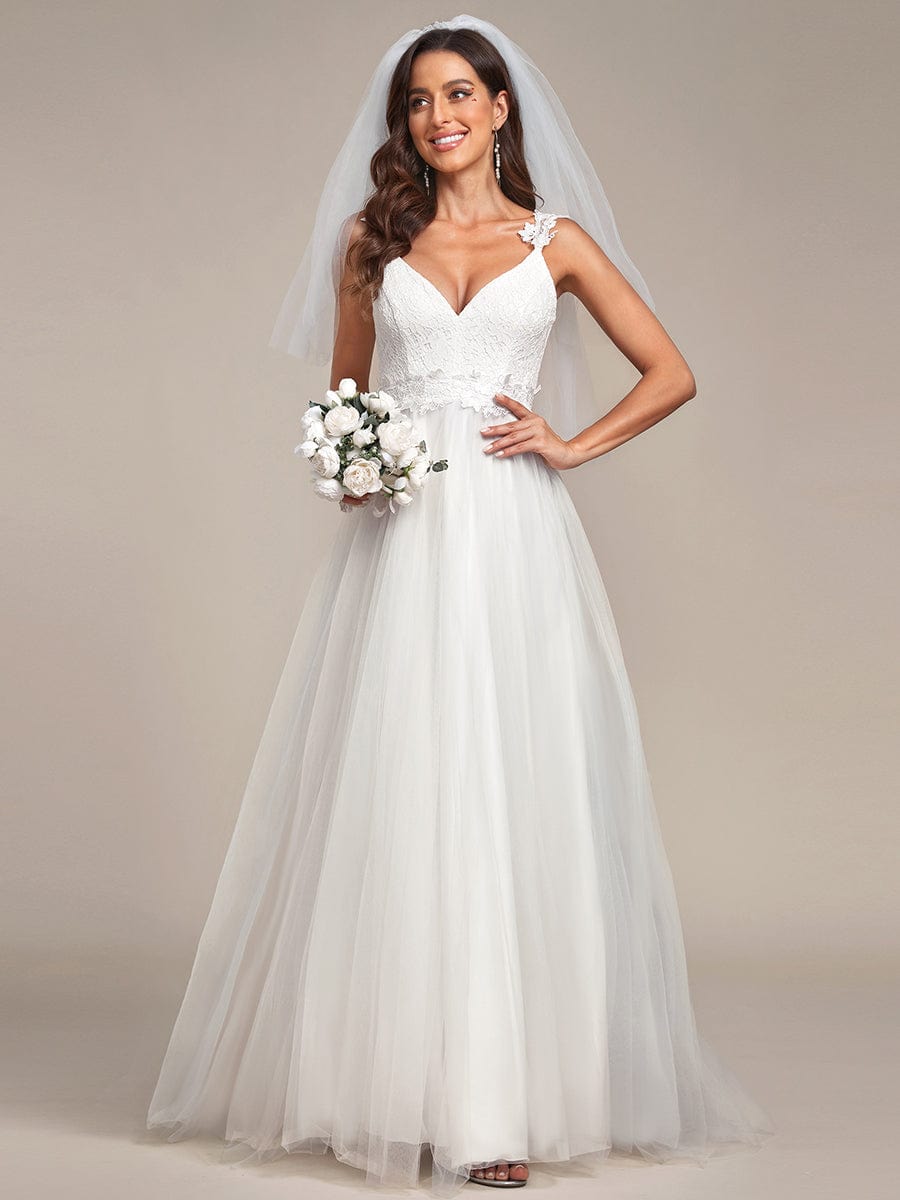 Custom Size Double V Neck Lace Bodice Floor Length A-Line Wedding Dress #color_Cream Custom Size Double V Neck Lace Bodice Floor Length Tulle Wedding Dress