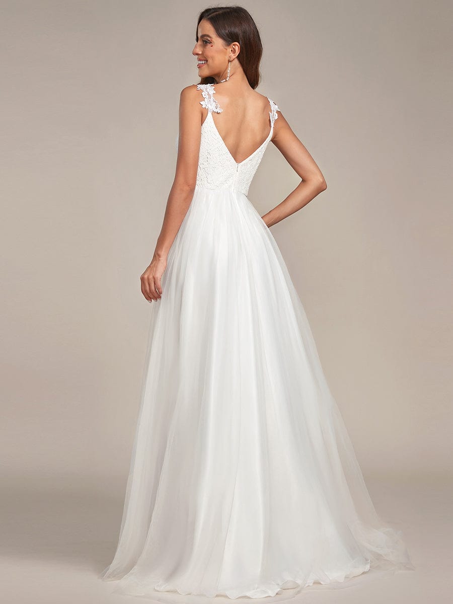 Custom Size Double V Neck Lace Bodice Floor Length A-Line Wedding Dress #color_Cream Custom Size Double V Neck Lace Bodice Floor Length Tulle Wedding Dress