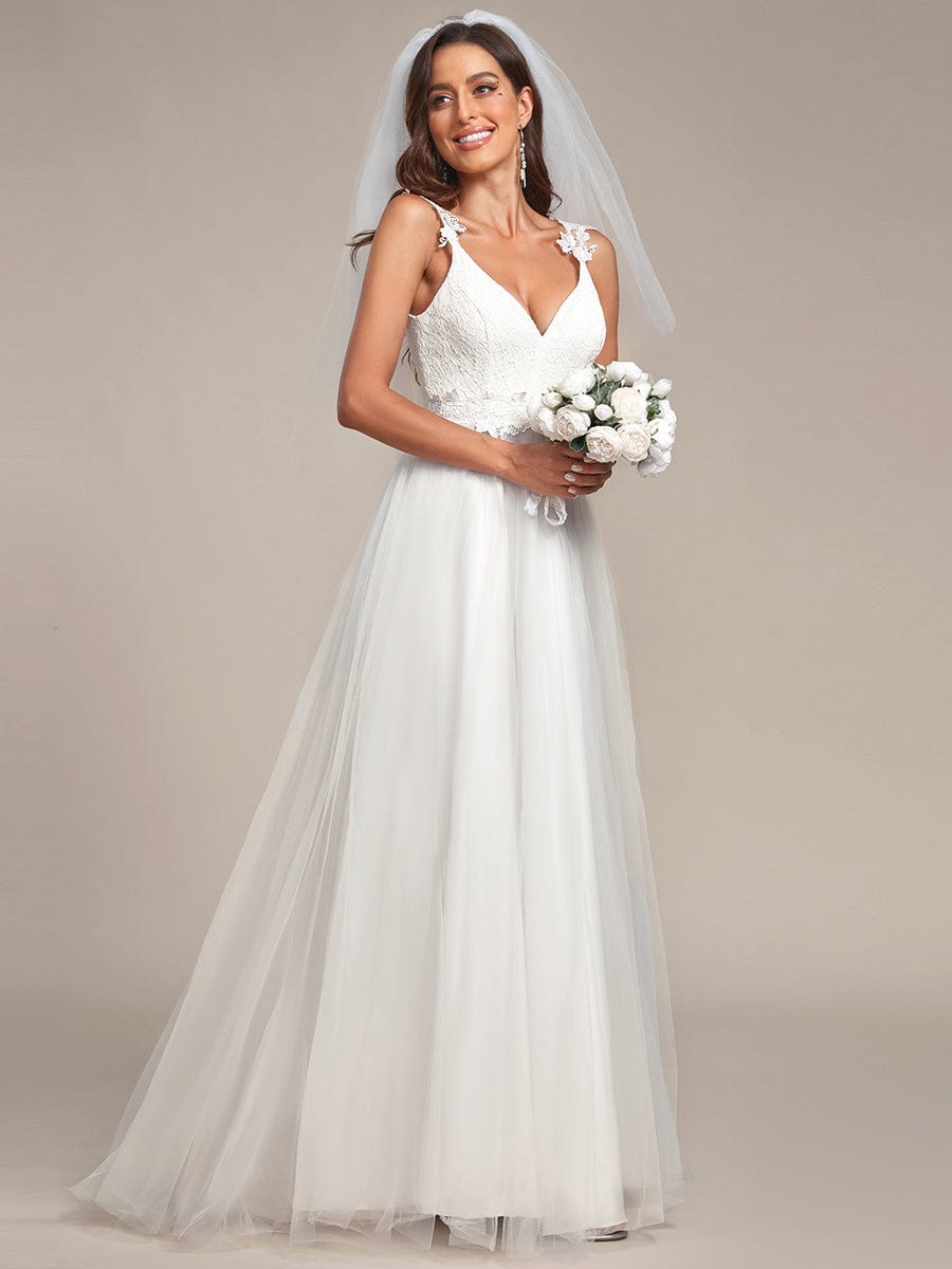 Custom Size Double V Neck Lace Bodice Floor Length A-Line Wedding Dress #color_Cream Custom Size Double V Neck Lace Bodice Floor Length Tulle Wedding Dress