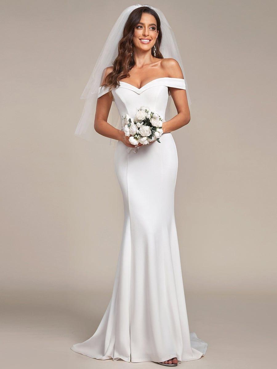 Plain Solid Color Off Shoulder Mermaid Wedding Dress #color_Cream Plain Solid Color Off Shoulder Mermaid Wedding Dress