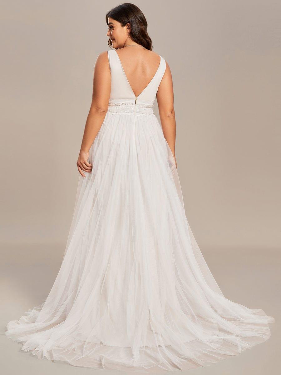 Plus Size Sleeveless Deep V Low Back Long Wedding Dress