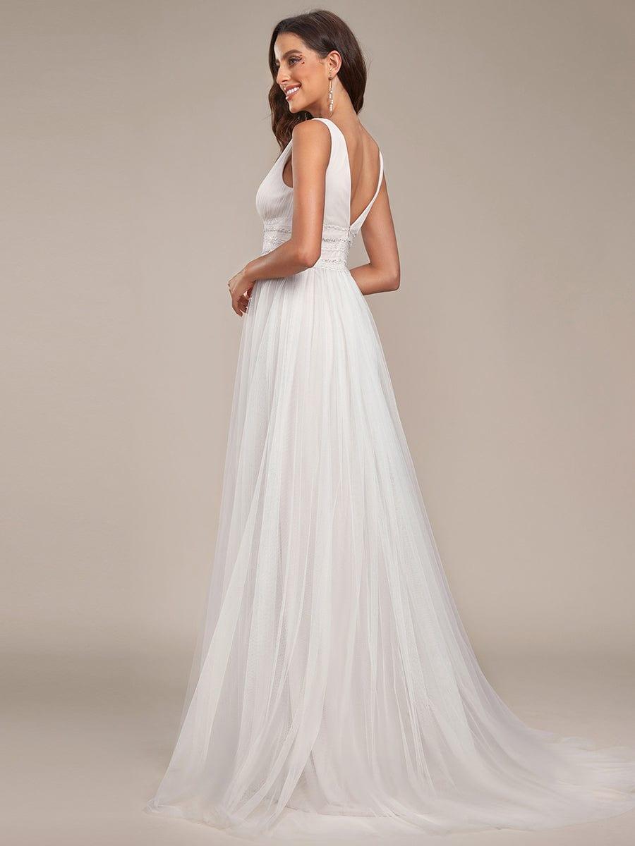 Sleeveless Deep V Low Back Long Wedding Dress #color_Ivory