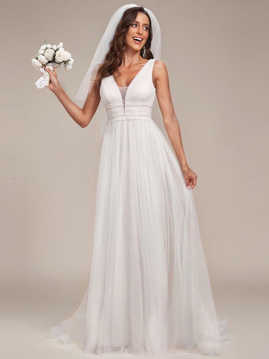 Sleeveless Deep V Low Back Long Wedding Dress #color_Ivory
