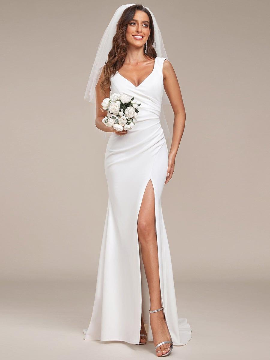 Sleeveless Ruched Sweetheart Fit and Flare Wedding Dress #color_White Sleeveless Ruched Sweetheart Fit and Flare Wedding Dress