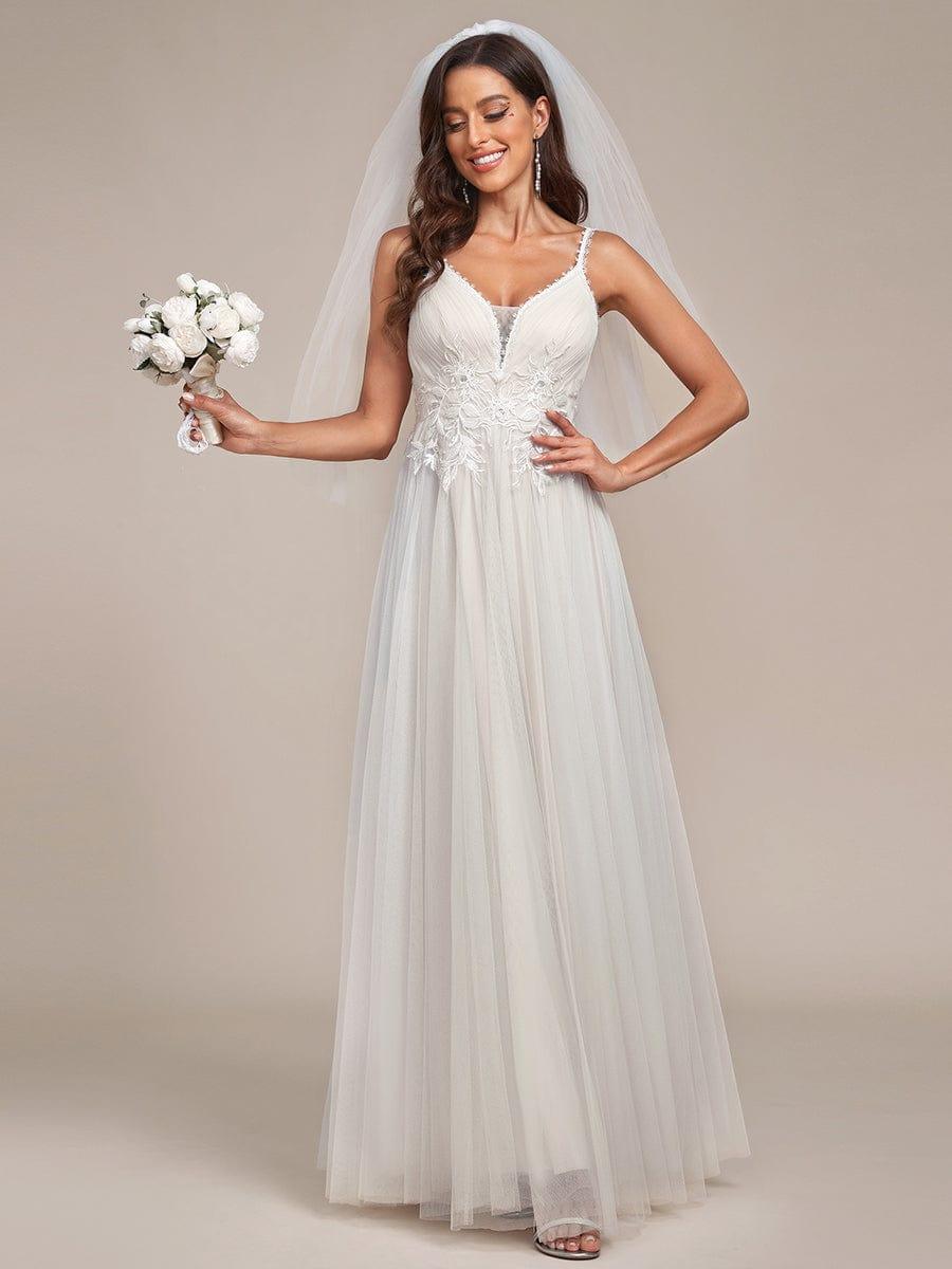 Spaghetti Strap Embroidered V-Neck A-Line Wedding Dress #color_Ivory Yellow Spaghetti Strap Embroidered V-neck A-line Wedding Dress