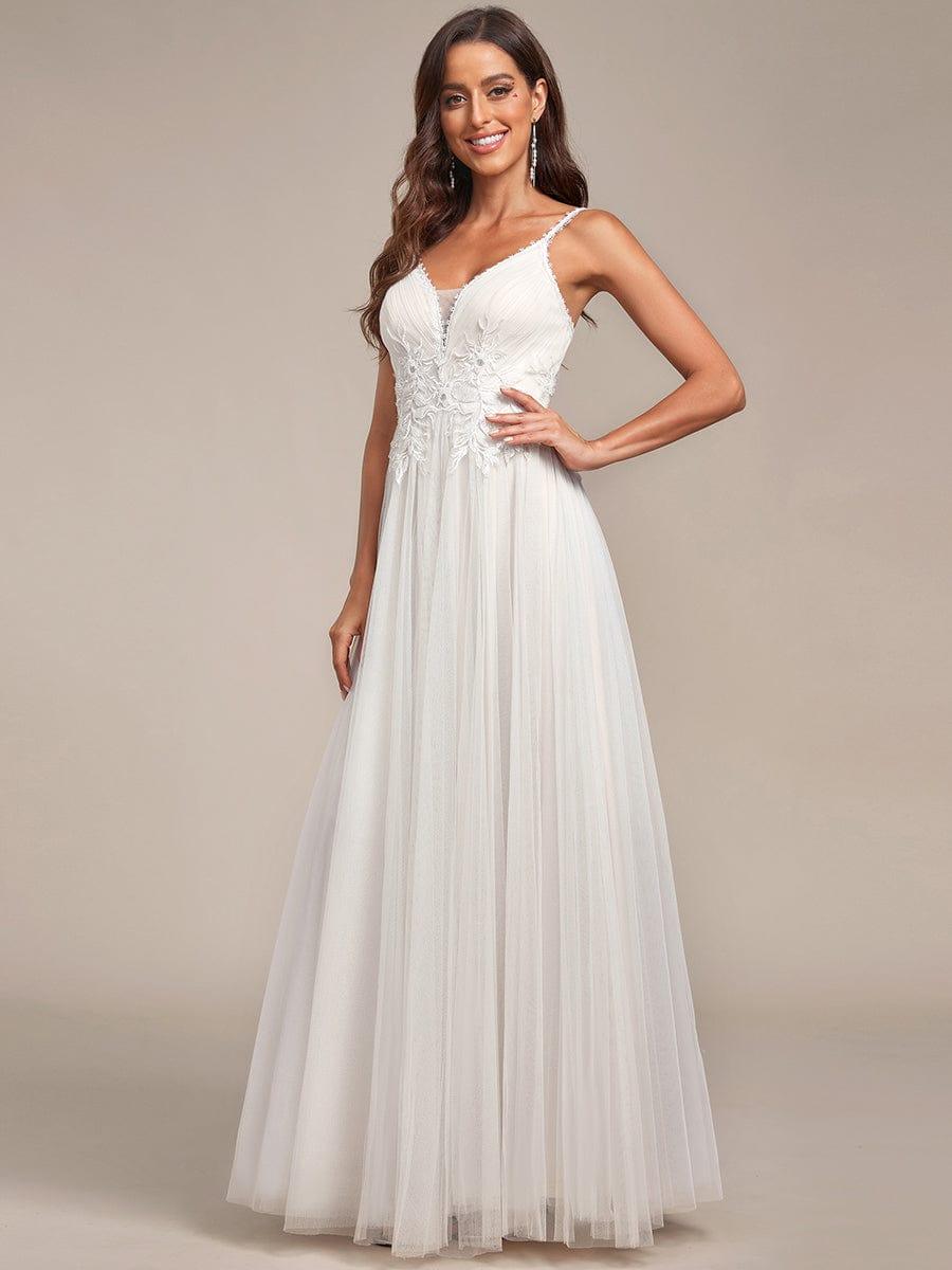 Spaghetti Strap Embroidered V-Neck A-Line Wedding Dress #color_Ivory