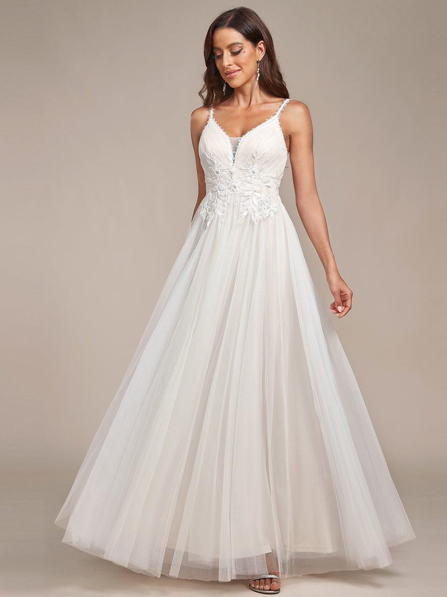 Spaghetti Strap Embroidered V-Neck A-Line Wedding Dress #color_Ivory Yellow Spaghetti Strap Embroidered V-neck A-line Wedding Dress