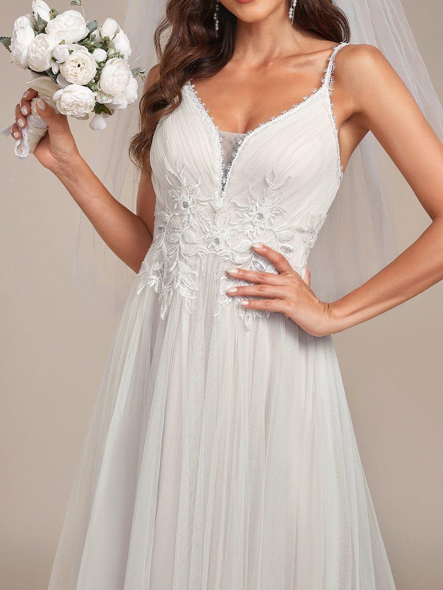 Spaghetti Strap Embroidered V-Neck A-Line Wedding Dress #color_Ivory Yellow Spaghetti Strap Embroidered V-neck A-line Wedding Dress