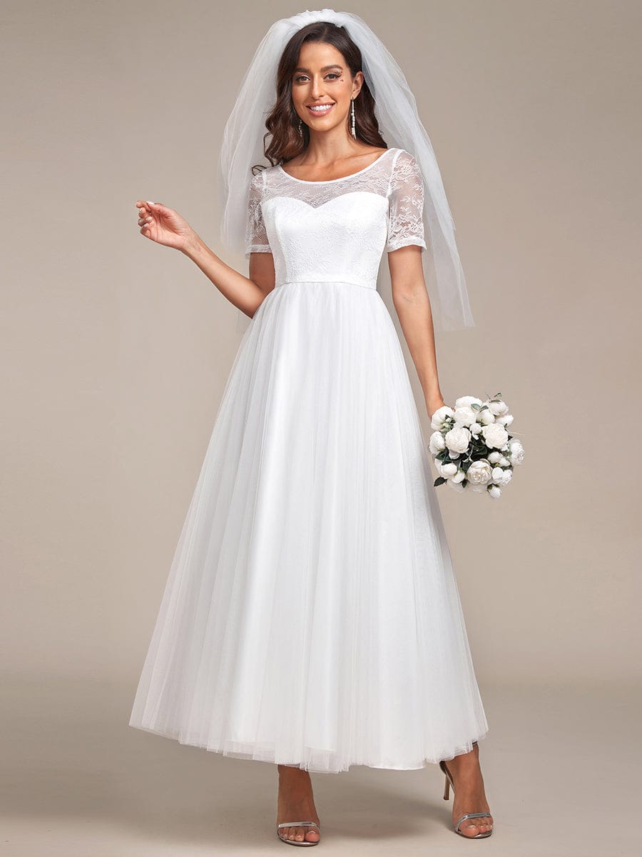 Short Sleeve Corset Lace-Up A-Line Wedding Dress #Color_White Short Sleeve Corset Lace-Up A-Line Wedding Dress