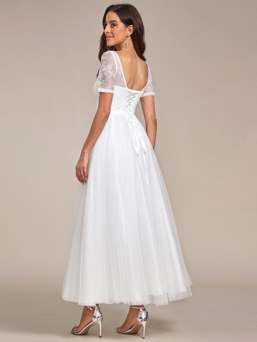 Short Sleeve Corset Lace-Up A-Line Wedding Dress #Color_White Short Sleeve Corset Lace-Up A-Line Wedding Dress