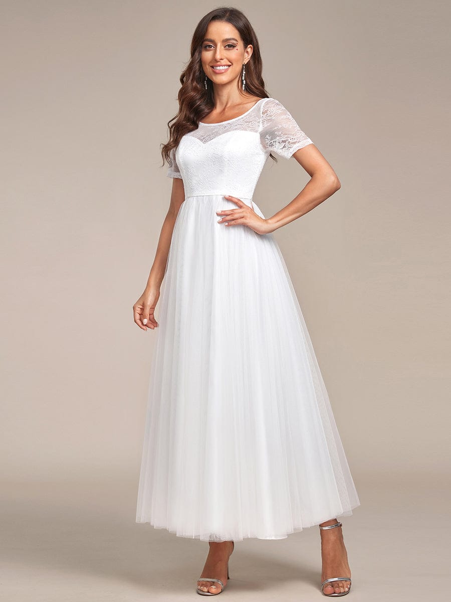 Short Sleeve Corset Lace-Up A-Line Wedding Dress #Color_White Short Sleeve Corset Lace-Up A-Line Wedding Dress