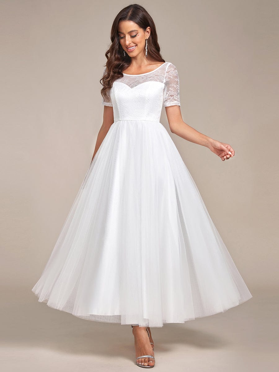 Short Sleeve Corset Lace-Up A-Line Wedding Dress #Color_White Short Sleeve Corset Lace-Up A-Line Wedding Dress