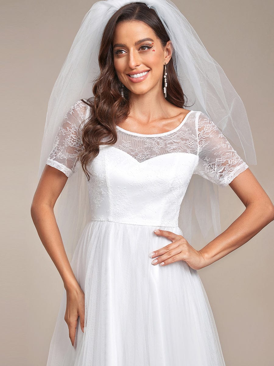 Short Sleeve Corset Lace-Up A-Line Wedding Dress #Color_White Short Sleeve Corset Lace-Up A-Line Wedding Dress
