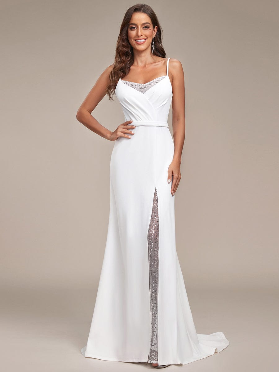 A-Line Lace Spaghetti Strap Front Slit Wedding Dress #Color_White A-Line Lace Spaghetti Strap Front Slit Wedding Dress