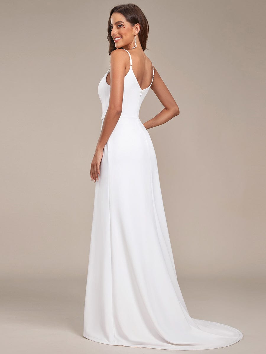 A-Line Lace Spaghetti Strap Front Slit Wedding Dress #Color_White A-Line Lace Spaghetti Strap Front Slit Wedding Dress