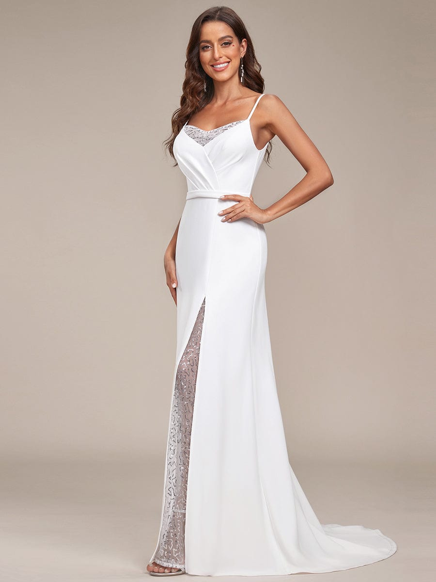 A-Line Lace Spaghetti Strap Front Slit Wedding Dress #Color_White A-Line Lace Spaghetti Strap Front Slit Wedding Dress